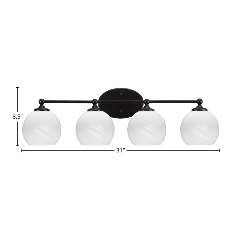 Barre d'éclairage de salle de bain 4 lumières Capri au fini noir mat avec verre de marbre blanc de 5,75 po