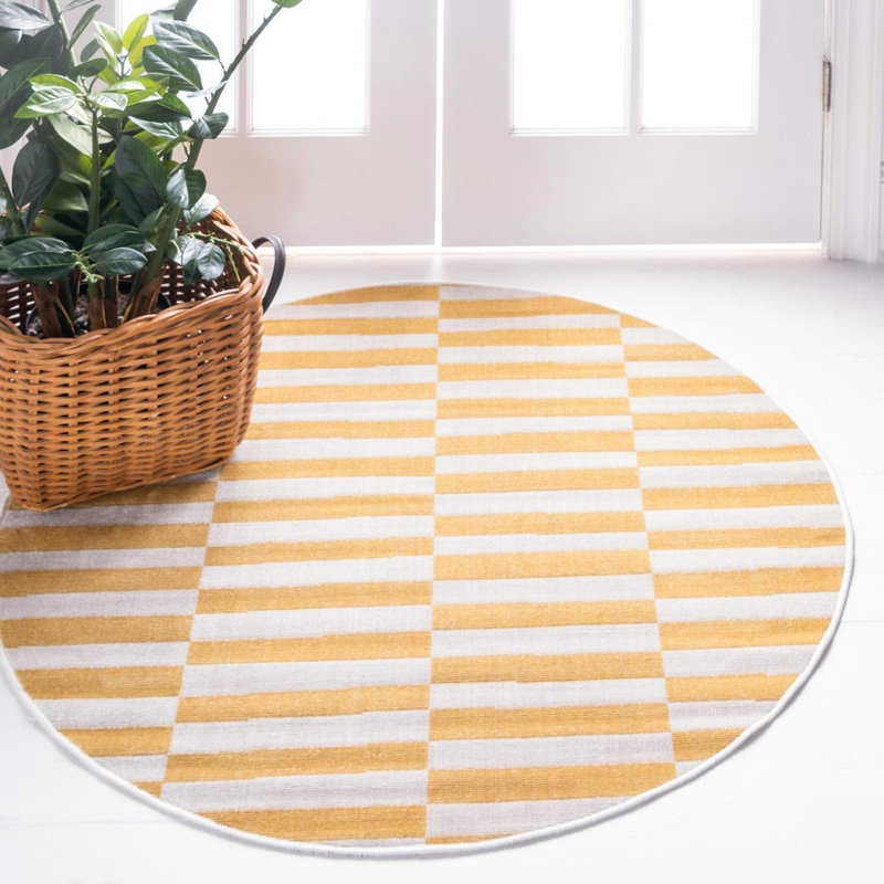 Arzilla Striped Area Rug, Round 7'10", Yellow