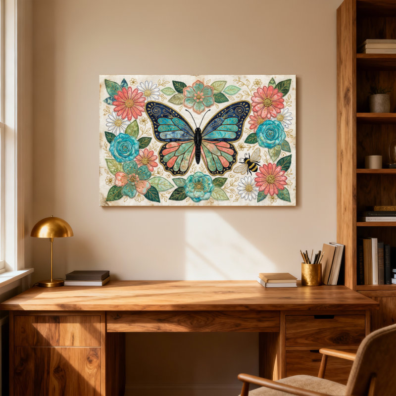 Animaux, papillon, fleurs, abeilles, motif artistique, H 32 po x l 48 po