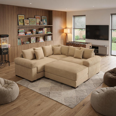 Très grand canapé modulaire modulaire pour cinéma maison avec repose-pieds, siège en velours côtelé foncé, avoine