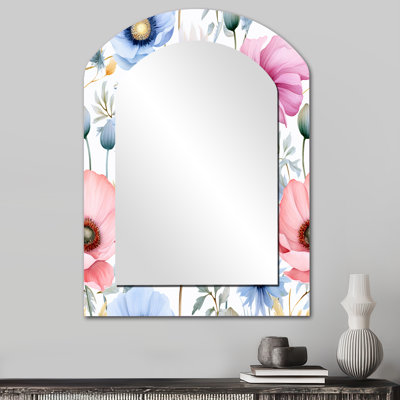 Rose et bleu pétunia sur blanc - miroir mural asymétrique fleurs, miroir décoratif arqué traditionnel, impression d'art en métal