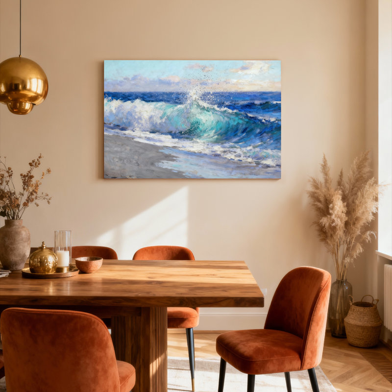 Ensemble de 1 tableau mural sur toile représentant un paysage marin avec des vagues., H 16 po x l 24 po