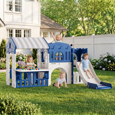 Ensemble de jeux avec glissade pour tout-petits, structure de jeu d'intérieur 3 en 1 avec tente et échelle pour enfants de 1 à 3 ans, design géométrique, pour salle de jeux et salon, bleu gris