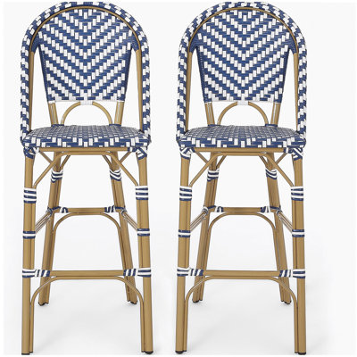 Tabouret de bar 29,5 po en rotin français d'extérieur, bleu marine et blanc, structure en aluminium avec finition en bambou (ensemble de 2)