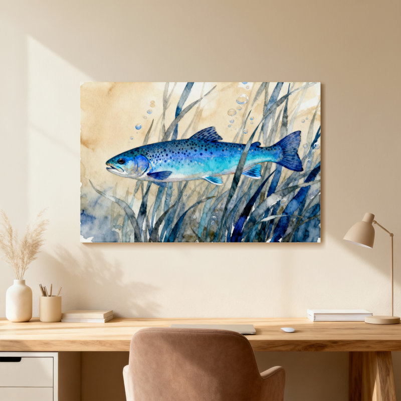 Animal, truite bleue, aquarelle, motif de plantes aquatiques, Toile tendue, Ne s’applique pas, H 20 po x l 30 po