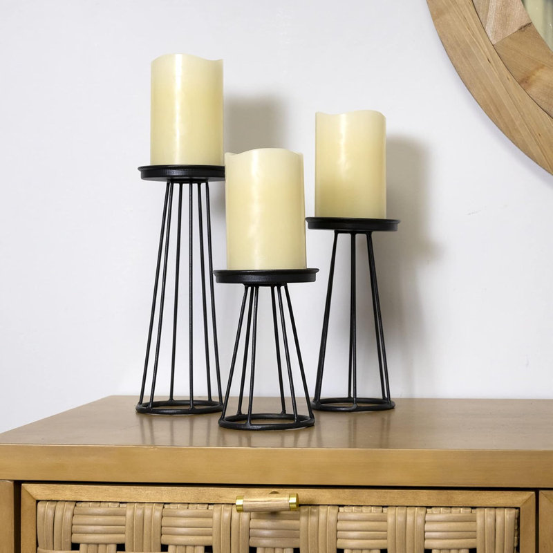 Porte-bougie colonne moderne en métal, noir, 3 pièces