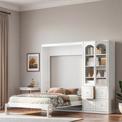 Lit escamotable avec portes en acrylique, 4 tiroirs et tablettes de rangement multiples