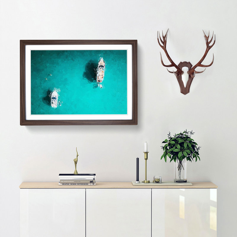 Two Yachts in Corsica in Abstract - Picture Frame Graphic Art Print, 27cm H x 36cm W x 2cm D, Walnut Framed