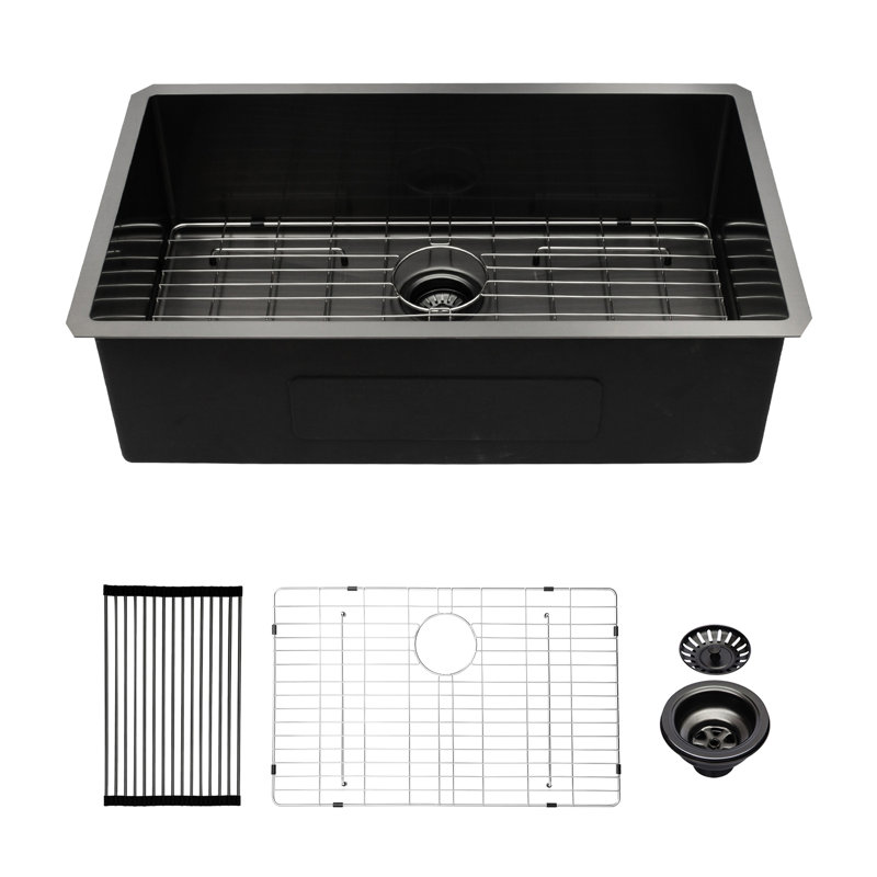Évier de cuisine encastrable en acier inoxydable 33 po x 19 po x 10 po - Noir mat, T304 pour une longévité supérieure, rouille et teinté, calibre 16, Nano protégé, acier à coins arrondis R10, denté, teinté, efficace et rapide