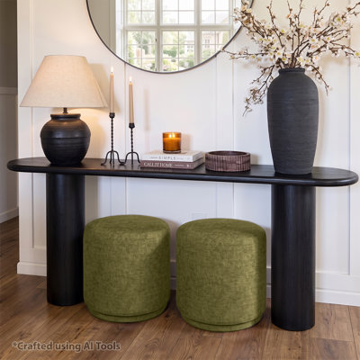 70" Black Console Table Set with 2 Upholstered Round Ottomans