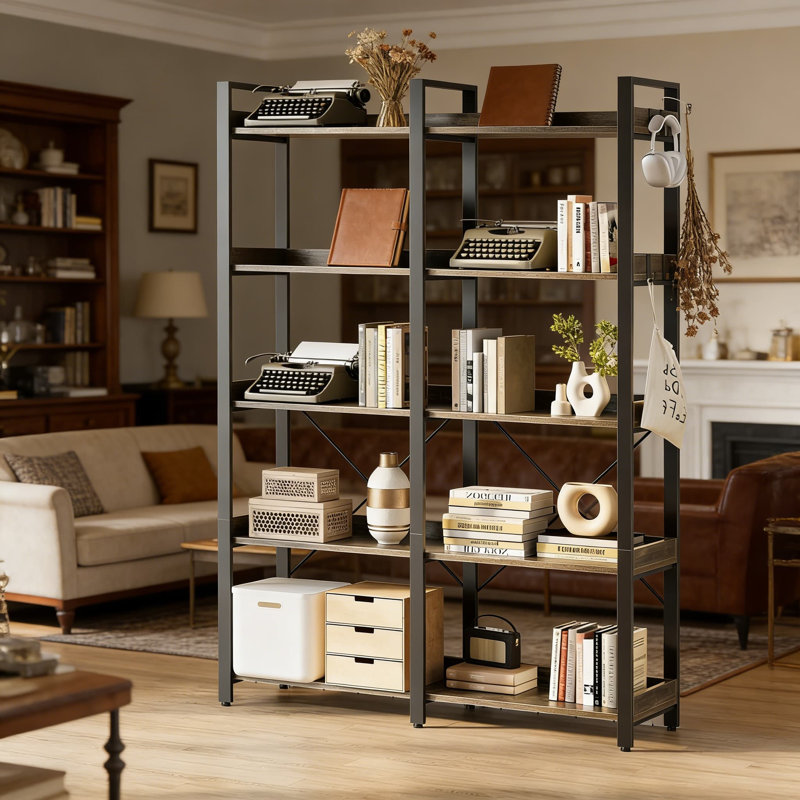 Bibliothèque industrielle à 5 niveaux avec structure en métal et crochets de rangement, présentoir à tablette ouverte rustique pour bureau à domicile, fabrication en bois durable et en acier