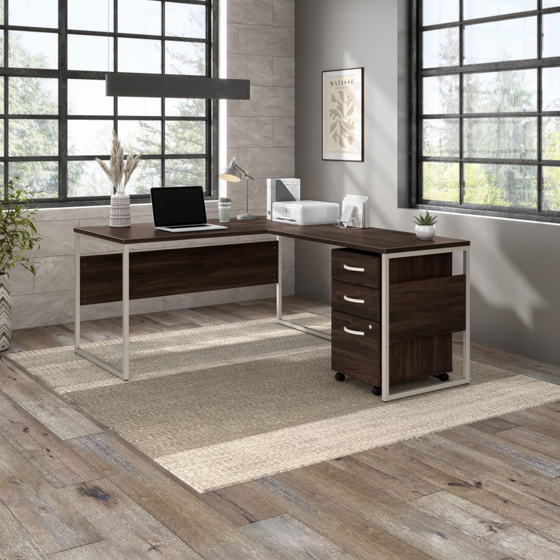 Jovonne L-Shaped Computer Desk Office Set in Black Walnut - Reversible, Black Walnut