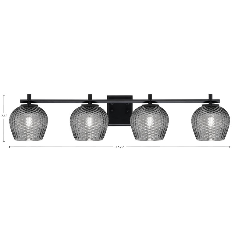 Barre d'éclairage de salle de bain 4 lumières Finola avec verre texturé turquoise 6 po, Noir mat, Noir / transparent