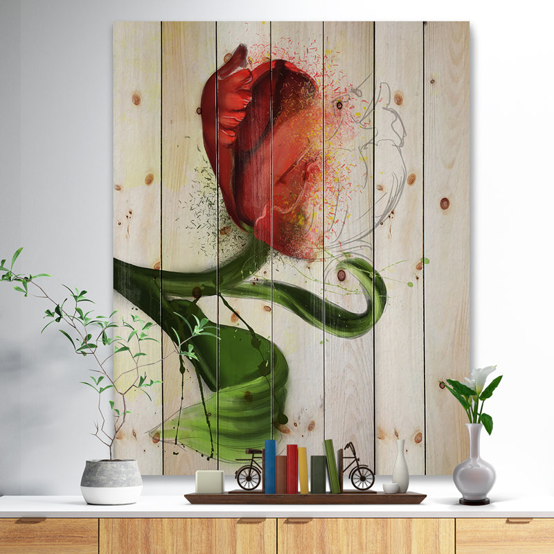 Grande fleur rouge avec feuilles vertes Grande fleur rouge avec feuilles vertes - Peinture sur, H 32 po x l 16 po x P 1 po