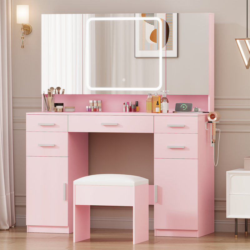 Vanity Desk with Mirror and Lights, Vanity Tables with 7 Drawers, Makeup Vanity with Tri-Folding 3 Colors Lighting Mirror and Cushioned Stool, Big Vanities Perfect for Bedroom, White