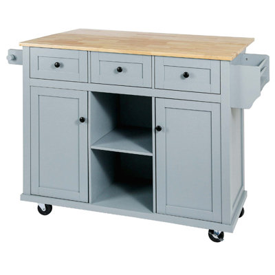 Kitchen Cart with Rubber wood Drop-Leaf Countertop ,Cabinet door internal storage racks,Kitchen Island on 5 Wheels with Storage Cabinet and 3 Drawers for Dinning Room