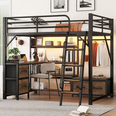 Loft Bed With Desk And Light, Metal Loft Bed With Storage Shelves, Wardrobe And Drawers