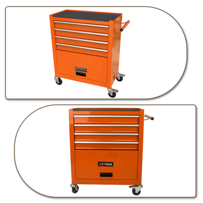 Armoire à outils de rangement pour le travail en acier à 4 tiroirs avec roulettes et poignée, Orange