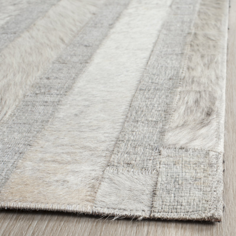 Tapis gris/ivoire en cuir fait main geometry à tissage plat Sevastopol, Rectangle 8 pi x 10 pi