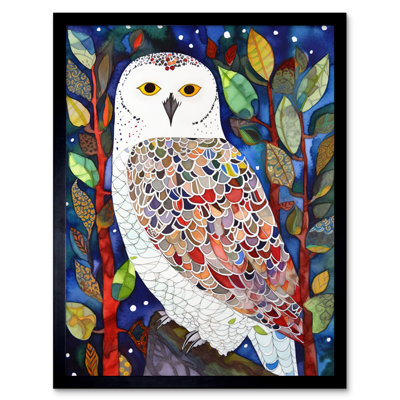 Snowy Owl Between Tree Branches Folk Art Artwork Framed Wall Art Print 9X7 Inch