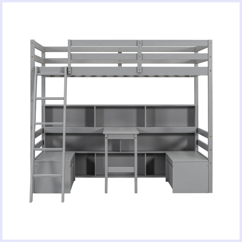 Lit mezzanine simple avec tablettes de rangement, Gris
