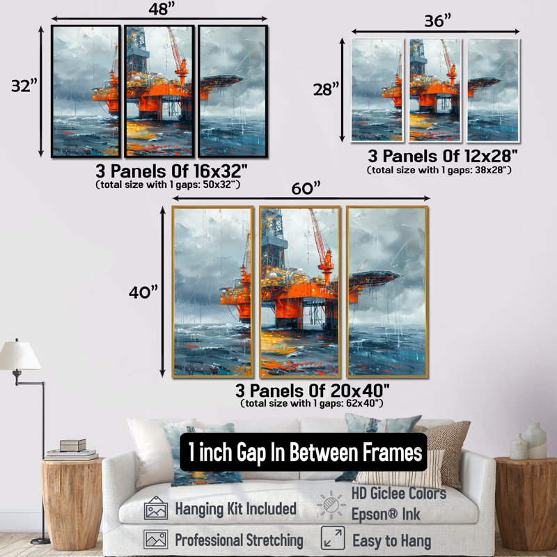 «Grey Orange Summer Oil Rig In Ocean» - ensemble d'art mural de plateformes et champs de pétrole, H 40 po x l 60 po x P 1 po