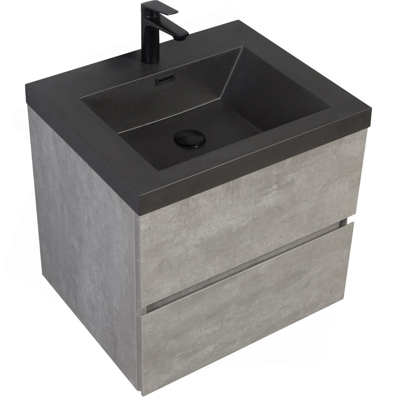 Meuble-lavabo mural 24 po avec lavabo, meuble-lavabo mural moderne avec lavabo à quartz noir et tiroirs à fermeture en douceur, gris ciment série EDI