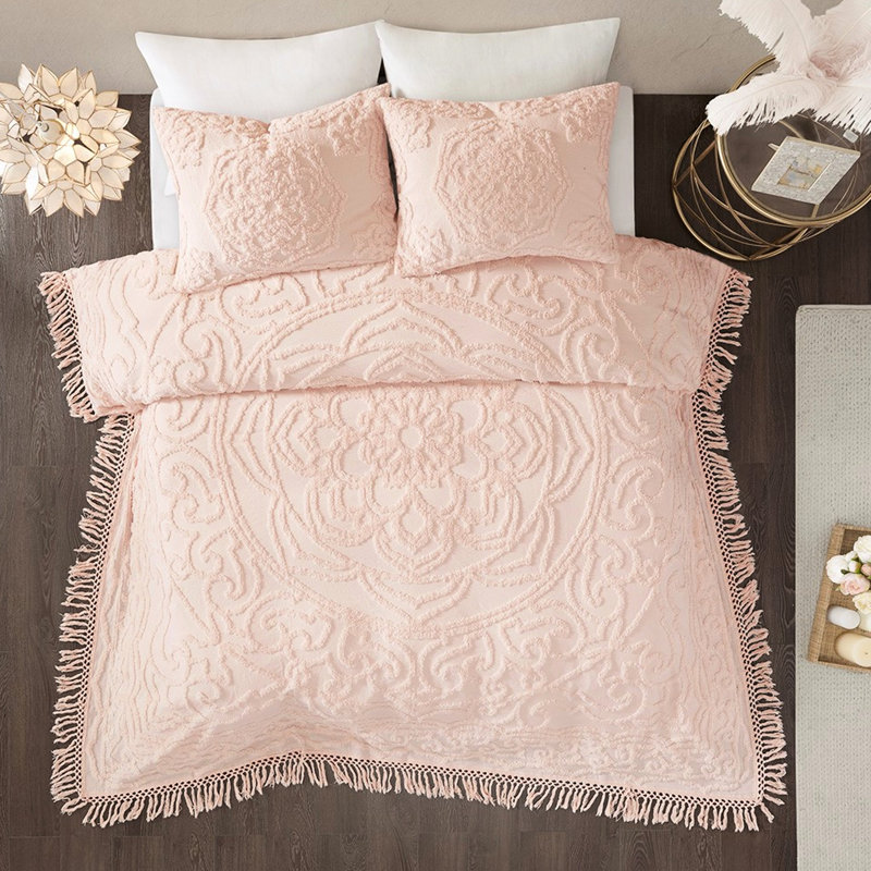 100% coton chenille couvre-lit à médaillon à franges rosé double / grand - Les essentiels de chambre à coucher confortables assurent un sommeil