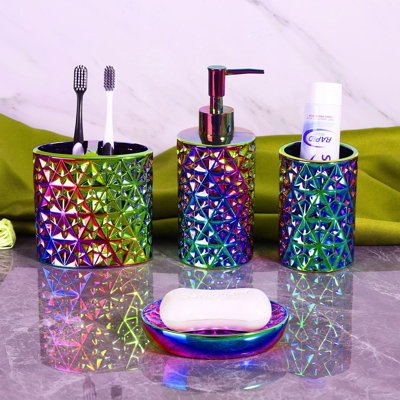 Colorful Bathroom Accessories Set 4 Pcs, Lotion Soap Dispenser, Soap Dish, Toothbrush Holder, Tumbler, Countertop Vanity Organizer For Bathroom Accessory Set
