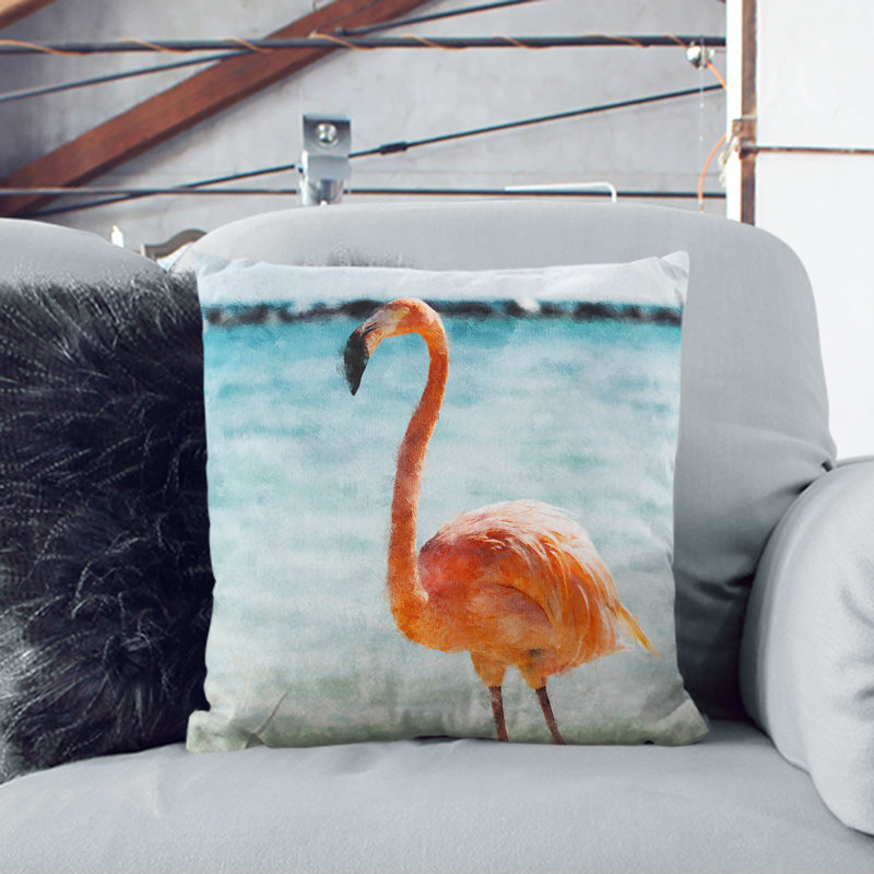 Lone Flamingo Painting Cushion with Filling, 55cm H x 55cm W x 20cm D