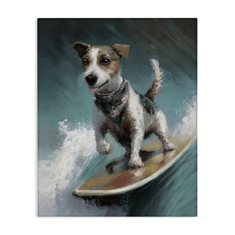 «Beachy Surfer Dog», art mural sur toile par Svetlana Aleynikova, H 48 po x l 36 po
