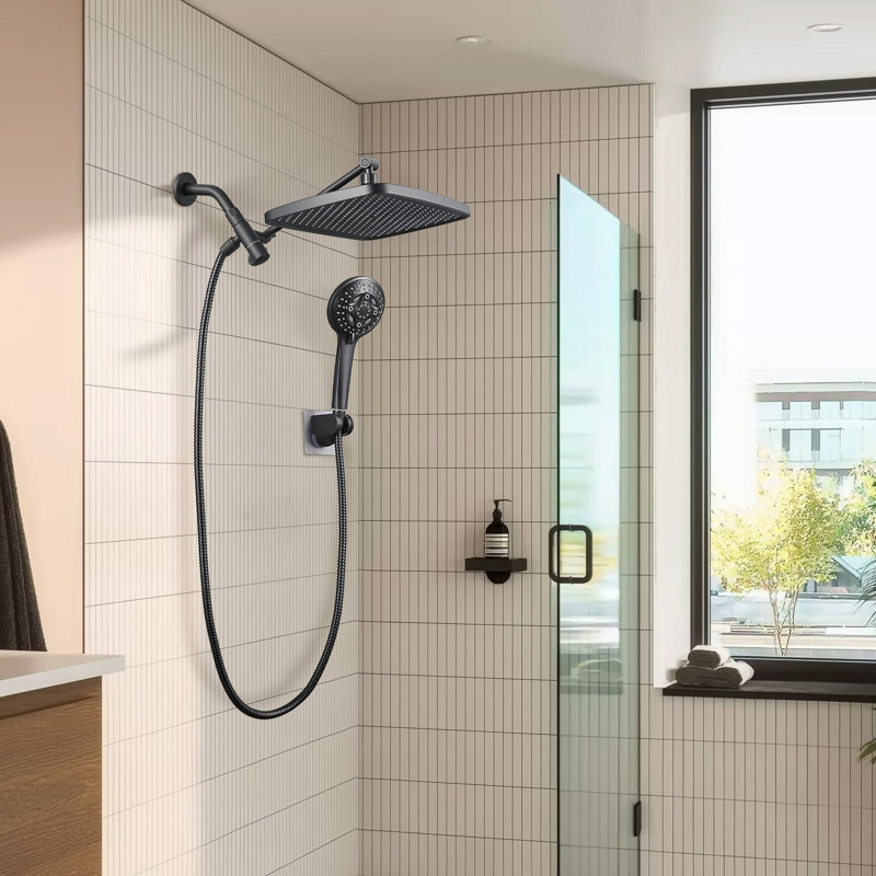 12-Inch Rain Dual Shower Head with Extension Arm Combo with 8-Spary Multifunction Handheld Spray Matte Black, Matte Black
