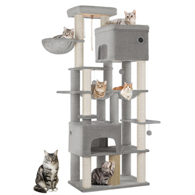 Cat Scratching Post, 70.1" Multi-Layer Cat Tree with Large Platform, 2 Caves, 7 Sisal Posts, Pompoms, Cat Basket, Hammock, Suitable for Cats, Light Grey