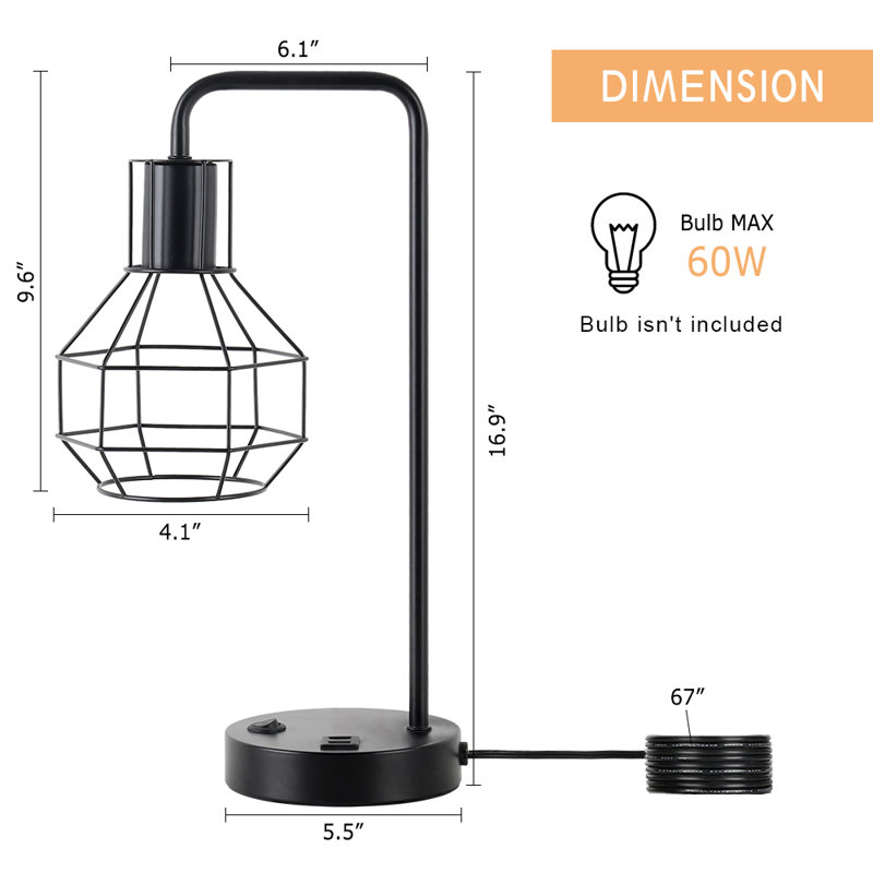 Lampe de table industrielle en métal avec double cage USB et prise CA