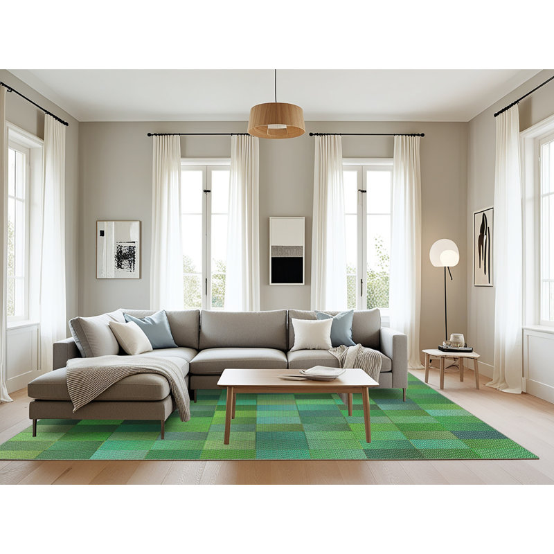 Tissé à la machine à motif géométrique en laine et polyester vert/jaune Tapis décoratif, Rectangle 8 pi x 12 pi