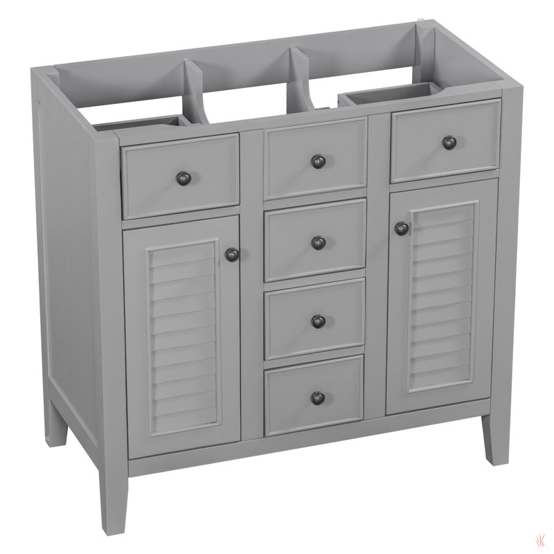 36" Bathroom Vanity Without Sink, Cabinet Base Only, Two Cabinets And Five Drawers, Solid Wood Frame, Grey