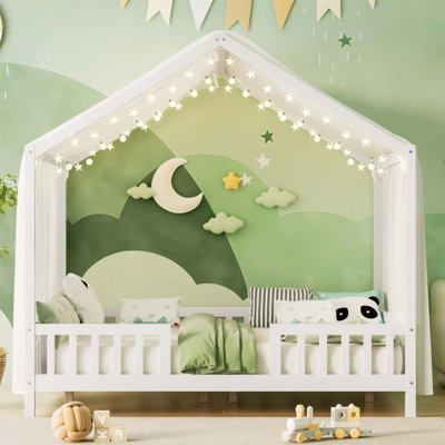 Lit de sol Montessori avec auvent, structure de lit pour enfant en forme de maison avec de hautes balustrades pour un sommeil sûr et élégant