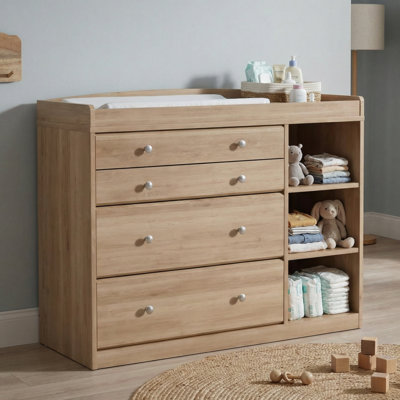 2-In-1 Baby Dresser With Changing Table – 47.2" Sage Green Nursery Storage Organizer, 4 Drawers & Adjustable Open Shelves, Removable Topper