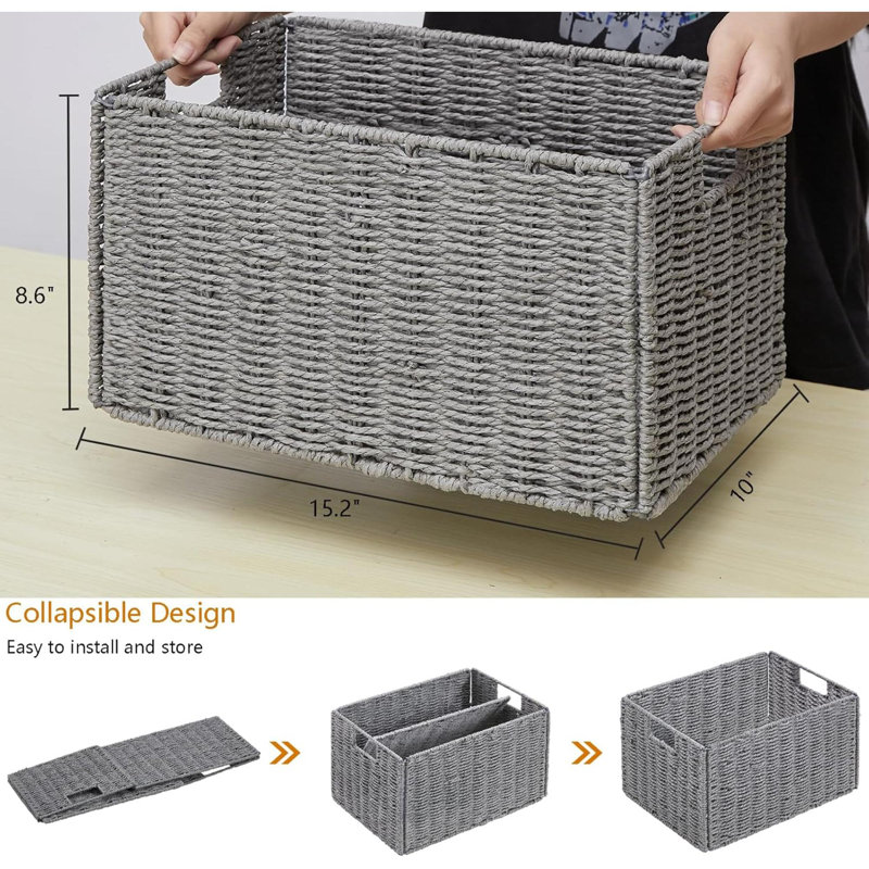 Storage Basket, Set Of 2 Hand-Woven Paper Rope Basket, Small Storage Baskets For Organizing Toilet Paper Basket, Foldable Large Cube Storage Organizer Bins For Shelves
