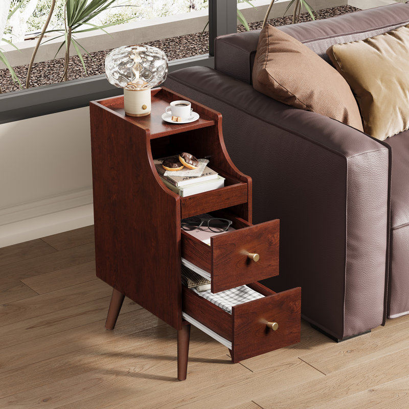 Table d'appoint Arieyonna 64 cm (25,2 po) de hauteur, table de chevet avec tablette ouverte et passe-câbles, table d'appoint étroite pour salon, table de chevet en bois avec 2 tiroirs