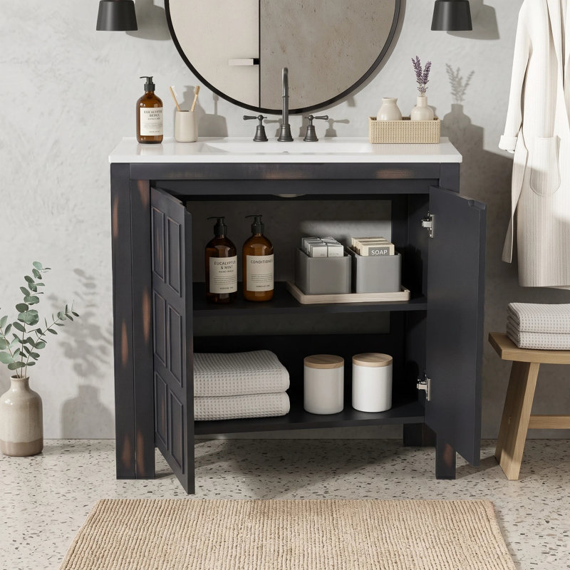 Meuble-lavabo en bois massif rétro avec plateau en céramique blanche, Espresso