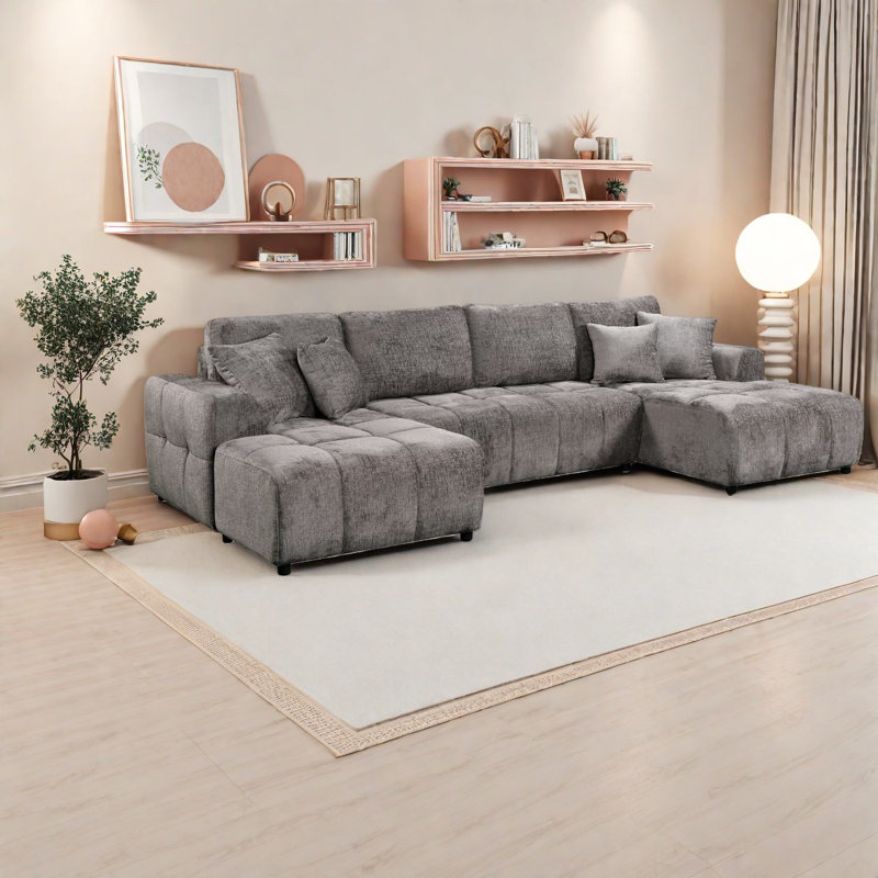 Grand canapé-lit moderne, canapé modulaire gris clair pour salle familiale