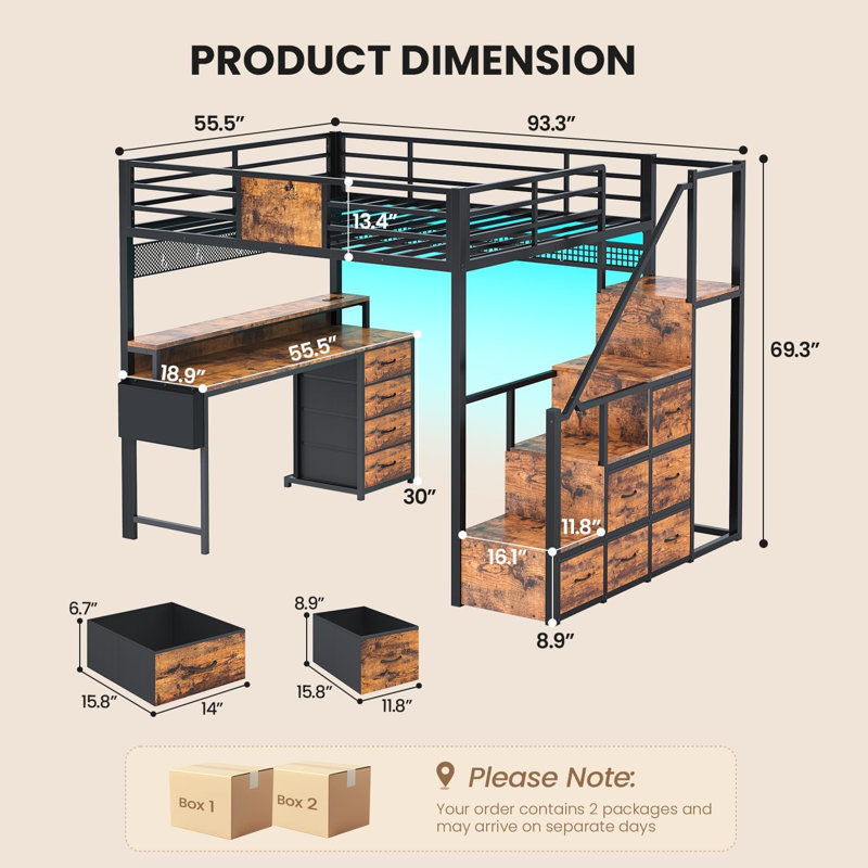 Lit mezzanine double avec bureau de 141 cm et escalier de rangement, 10 tiroirs, grand bureau, station de recharge, marron