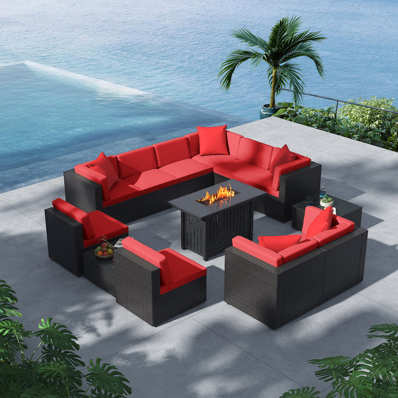 13 Pieces Rattan Patio Furniture Conversation Set with 43" Gas Propane 50000 BTU Fire Pit Table Outdoor Sectional Sofa for Backyard
