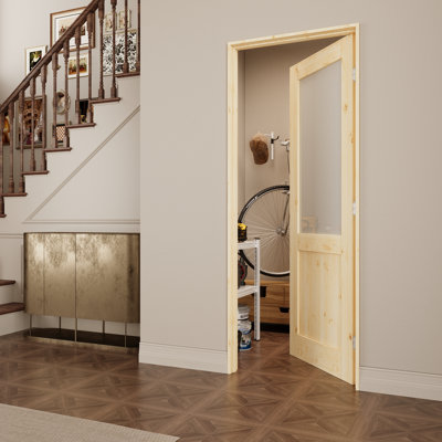 Porte intérieure semi-vitrée en pin massif naturel, style colonial, pré-montée, verre trempé SGCC, avec ensemble de chambranle, joint d'étanchéité, charnières argentées et ouverture vers l'intérieur à droite, non finie et à peindre, pour garde-manger, chambre, salle de bain et placard, 61 cm x 203 cm