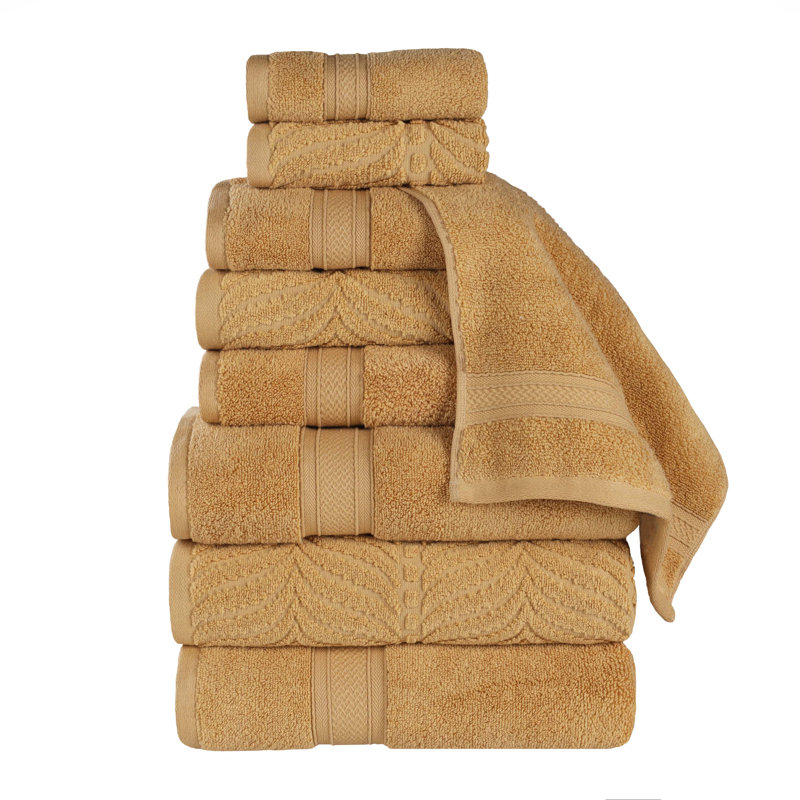 Aneira Chevron Zero Twist Solid and Jacquard Cotton 9 Piece Bathroom Towel Set, Gold