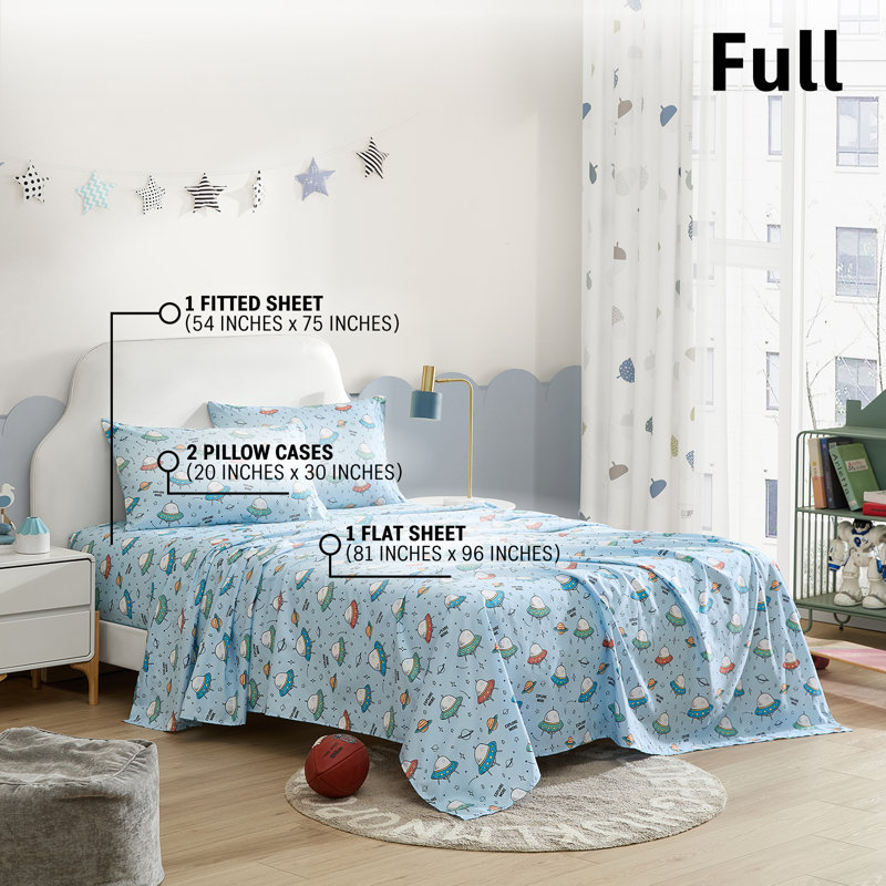 HLC.ME UFO Space Printed Kids Bed Sheets - 4 Piece Patterned Bed Sheet Set - Wrinkle Resistant & Ultra Soft - Fits Mattresses up to 15 Inches Deep - Full