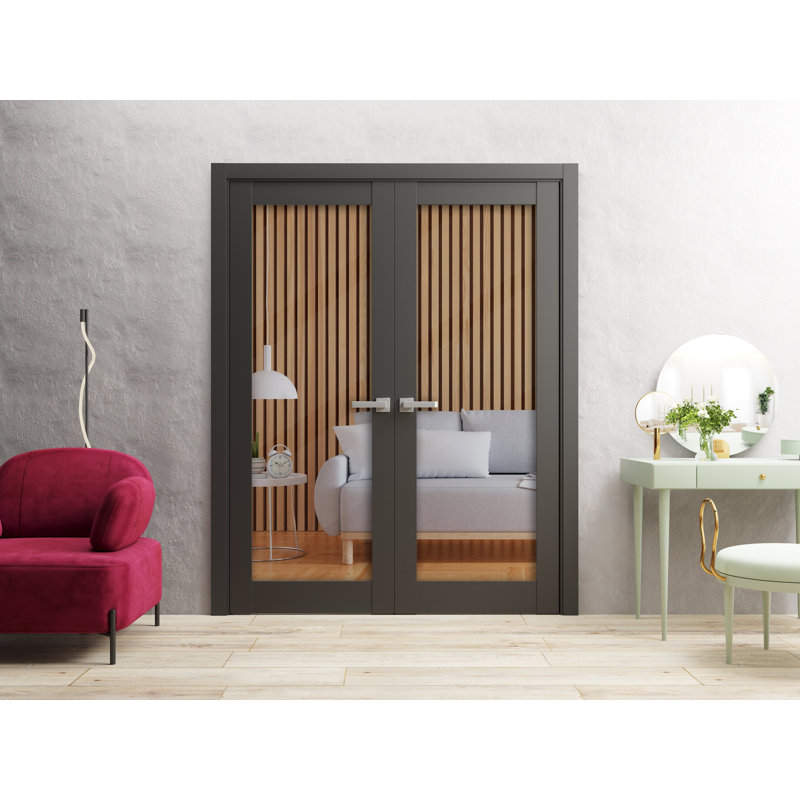 Portes françaises doubles solides | Verre transparent noir mat Lucia 2166 | Garnitures de cadre en bois massif | Chambre de garde-robe