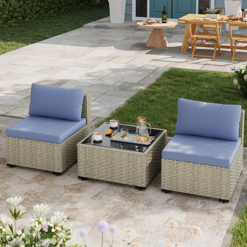 3 Pieces Design-Oriented Rattan Patio Conversation Sets With Cushions, Haze Blue