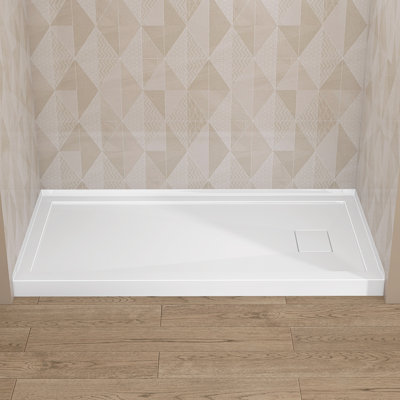 60" W X 32" D Acrylic Alcove Shower Base Pan Rectangular Single Threshold Drop-in Shower Floor Tray in Glossy White with Drain Cover